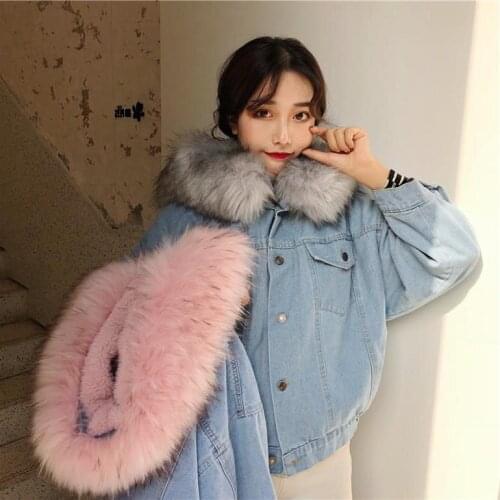 Womens Denim Jacket With Fur Winter Jeans Hooded Velvet Coat Female Faux Fur Collar Padded Warm Jackets