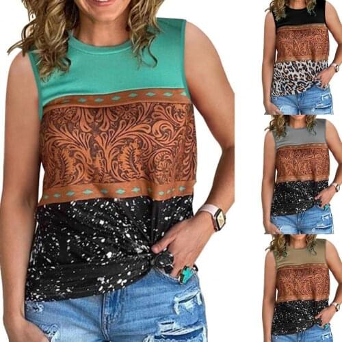 70% Hot Sell Women Sleeveless Ethnic Style Print O Neck Summer Vest Blouse Pullover for Daily Life