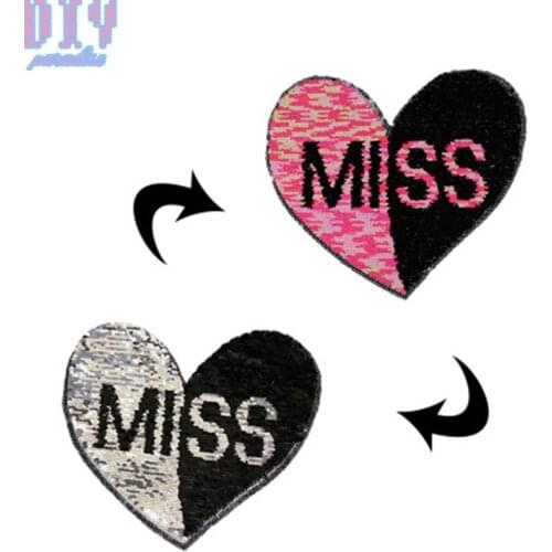 Miss Reverse Sequins Sew On Patches for clothes Kids T Shirt Cartoon Change color Letters Embroidered Reversible patch