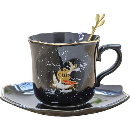 Creative Ceramic Cup Set Ancient Chinese Style Crane Novelty Coffee Cup Milk Mug With Spoon Saucer For Home