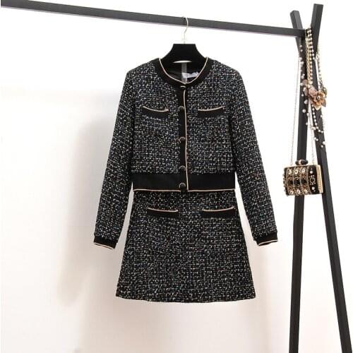 New 2020 Top Quality Autumn Runway Tweed 2 Piece Set Designer Winter Women Short Jacket Coat + OL Mini Skirt Wool Blend Suits