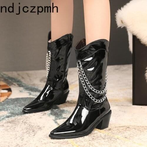 Autumn and Winter Fashion New Punk Sexy Chain Women Boots Black Chelsea Boots Pumps 6.5CM Shoes for Women Plus Size 34-46 Black