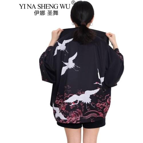 Beach Sunscreen Coat Japanese Kimono Women Yukata Female Crane Printing Summer Traditional Kimono Streetwear Haori Obi Cardigan