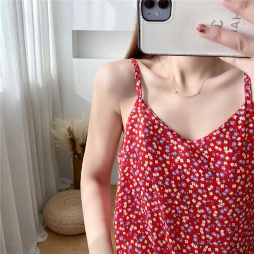 S-XL Women V-neck Printed Chiffon Camis Tops Female Sleeveless Summer Small Flowers Loose Simple Base Tees Tanks Tops