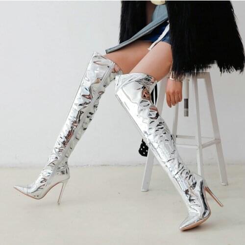 2021 Ladies Autumn Winter Thigh Boots Fashion Patent Leather Large Size Womens Shoes Super High Heel Pointed Toe Zipper Boots