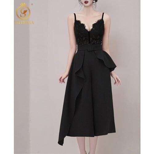 SMTHMA 2021 New Fashion Womens Summer Temperament Korean Slin Lace Top Two-Piece Set + High Waist Casual Tunic Ruffle Skirt Sui