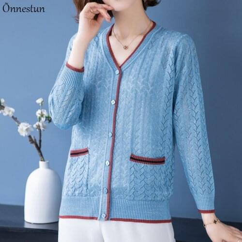 V Neck Sweater Women New Autumn Spring Long Sleeve Sweater Cardigan Knitwear Single-breasted Solid Hollow Cardigans