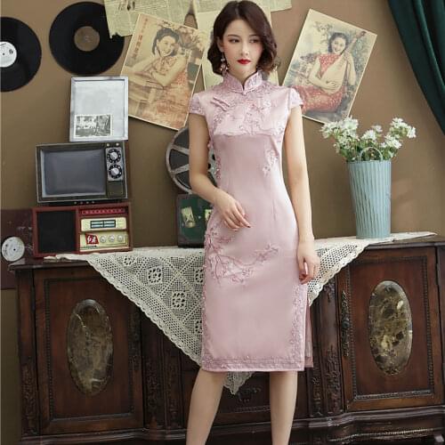 Traditional Chinese Wedding Dresses for Women Floral Embroidery Mandarin Collar Cheongsam Oriental Lace Qipao Party Gown