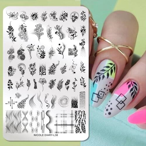 NICOLE DIARY Big Rectangle Nail Stamping Plates Stainless Steel Flower Leaves Series Nail Stamp Stencil Manicuring Tool