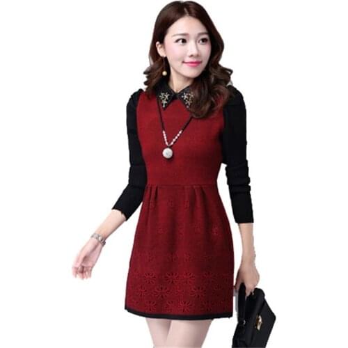 Doll collar knit dress Slim Spring and Autumn Winter bottoming long-sleeved women in the long-sleeved was thin dress