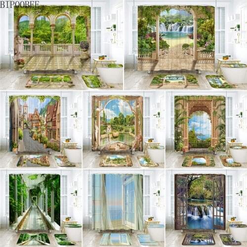 Patio Street Landscape Shower Curtains Waterproof Fabric Bathroom Curtain Flannel Toilet Lid Cover Non-Slip Carpet Bath Mat Rugs