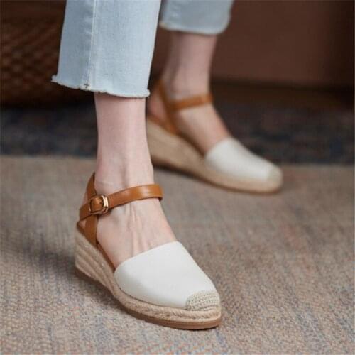 PXELENA Vintage Rome Round Toe Ankle Strap Women Sandals Real Genuine Leather Straw Weaving Wedge Heels Platform Shoes Daily 40