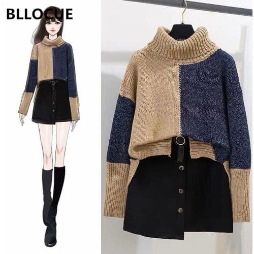 BLLOCUE Winter Women Casual Office 2piece Set High Collar Color Matching Knit Outer Sweater+Wool Single-Breasted Mini Skirt Suit