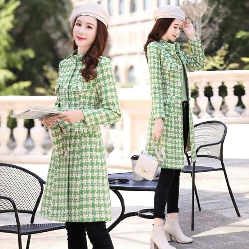 Womens coat autumn and winter new Korean fashion temperament British style slim slim long plaid woolen tweed coat