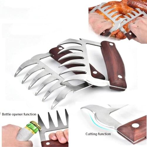 2PC Multifunction Meat Shredder Claws Wooden Handle Stainless Steel Chicken Separator Bottle Opener Cutting BBQ Kitchen Tools