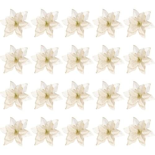 20PCS Glitter Cloth Flower Pendant Hanging Adornment Christmas Gifts Home Decoration DIY Wreath Accessory (Golden)