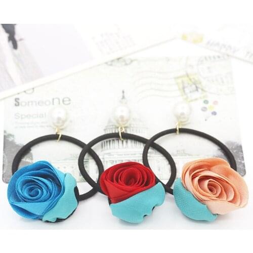 5 Colors Cloth Rose Flower Light Blue Leaf Simulated Pearl Elastic Hair Bands Accessories Women Ponytail Holder Hairwear