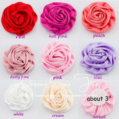 50pcs/lot 3" 8Colors Handmade Rolled Rosette Flowers For Girl Hair Accessories Artificial Satin Ribbon Flowers For Baby Headband