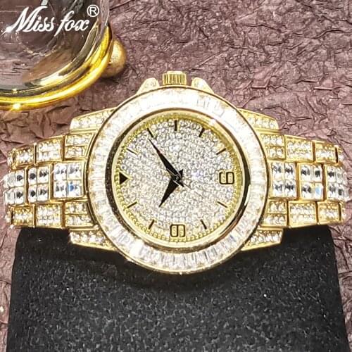 Hip Hop MISSFOX Fully Iced Out Men Watches Luxury 18K Gold Stainless Steel Fashion Classic Quartz Wristwatches Business Clocks