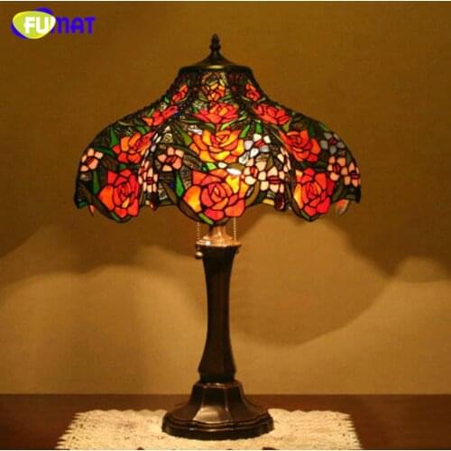 FUMAT Stained Glass Table Lamp European Creative Art Glass Rose Lamp Living Room Bedside Lamp Home Decoration Light Fixtures