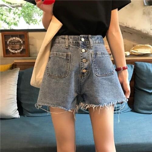 Large size denim shorts womens single breasted pocket casual Korean style high waist shorts jeans sexy loose shorts