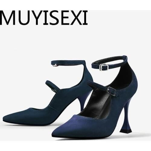 Classic elegant natural leather pointed toe 8.5cm thin high heels buckle straps blue purple party cozy lady pumps HL308 MUYISEXI