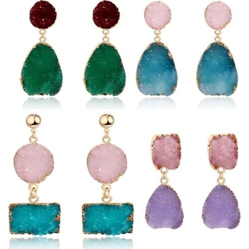 Colorful Druzy Stone Drop Earrings Natural Quartz Geode Crystal Fashion Jewelry
