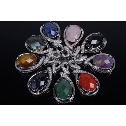Natural Gems Stone Crystal Faceted Oval Reiki Chakra Pendant Charms Silver Rhinestone 10Pcs/Pack