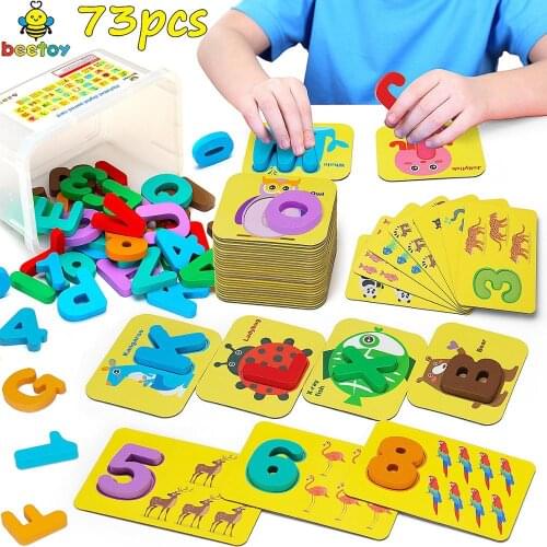 Beetoy Alphabet Flash Cards Wooden Letters Jigsaw Puzzles Numbers with Storage Box, Baby Preschool Learning Educational Toys