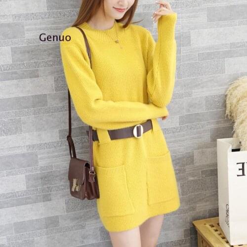 Solid Korean Straight Knitted Winter Dress with Belt Casual Vintage Sexy Mini Dress Long Sleeve o Neck Sweater Dresses