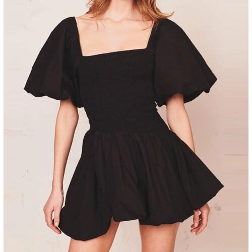 Summer women Party stretch Bandage Dress One word collar puff sleeve Mini Pleated Dresses Cute princess Slim A-Line Vestidos