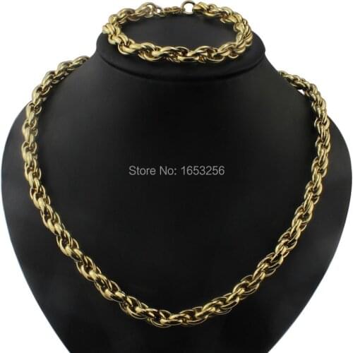 Gold Pure Handmade twisted Rop chain Link Chain Necklace & Bracelet Set Stainless Steel Mens Jewlery Set 9mm wide