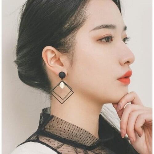 Simple black square gold sequin metal stud earrings for female free shipping