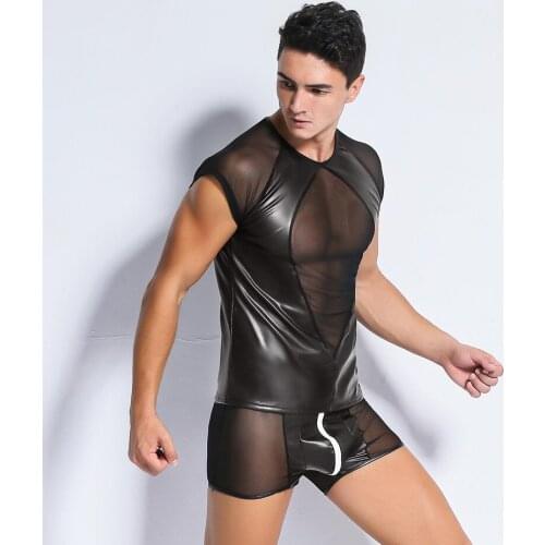 Sexy Mens Black Mesh T-Shirt Tops Tees+Trunks Fun Patent Leather Fetish Latex DS Lingerie Catsuit Exotic Club wear Costumes