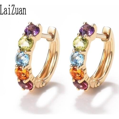 LaiZuan Solid 14K Yellow Gold 0.7ct Genuine Amethyst Peridot sky Topaz blue Citrine tourmaline Fine Jewelry Stud Earrings Gift