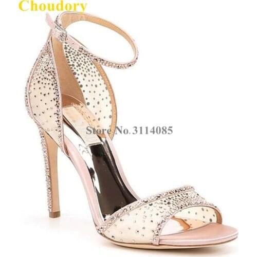 Choudory Champagne Mesh Crystal High Heel Sandals Bling Bling Wedding Shoes Open Toe Banquet Pumps Rhinesone Party shoe Dropship