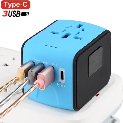 Universal Travel Adapter AC Power US Euro UK AU International Adaptor 3 USB+1Type C World Worldwide USB Plug Socket Converter