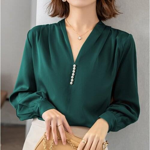 2021 Fall Fashion Women Shirt Satin Gloss Long-sleeved Blouse Woman Solid Temperament Beading Elegant V-neck Blouses Chic 16500