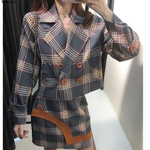 Korea Women Plaid Short Blazers Mini Skirt Two Pieces Sets Elegant Women Plaid Skirt Suits Spring Autumn Blazers Skirts