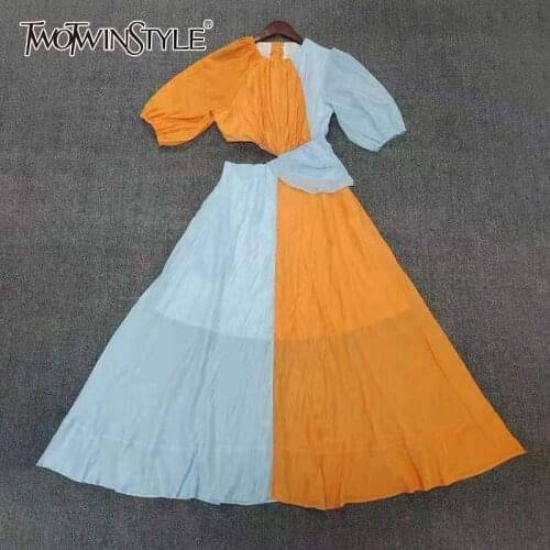 TWOTWINSTYLE Patchwork Hollow Out Casual Dress For Women O Neck Short Sleeve High Waist Hit Color Midi Dresses Female 2021 Style