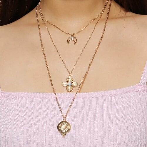 Womens Retro Simple Flower Moon Multi Element Crystal Multilayer Choker Pendant Necklace For Women 2018 New Jewelry Gift