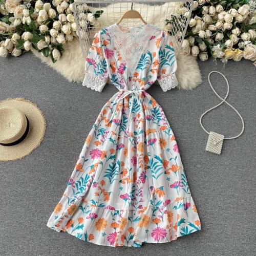 Women Casual Floral Dress Lace Hem Crochet Flowers Thin Ladies Drawstring Waistband A-line French Loose Long Dress 2021