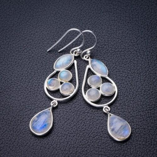 StarGems Natural Rainbow Moonstone Handmade 925 Sterling Silver Earrings 2.25" D7243