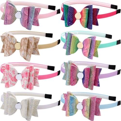 1 PC New Fashion Girls Glitter Headband Children Hairband with Bow Printed Rainbow Color Layers 3.5 Inch Hairbow Kids Headhoop
