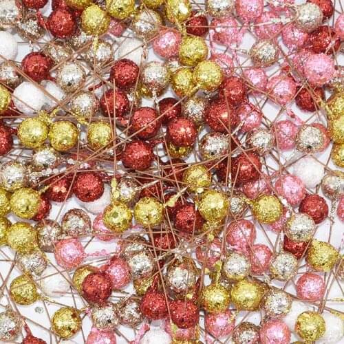 100Pcs Mini Glitter Artificial Flower Fruit Stamens DIY Gift Box Decorations Cherry Christmas Plastic Pearl Berries for Wedding