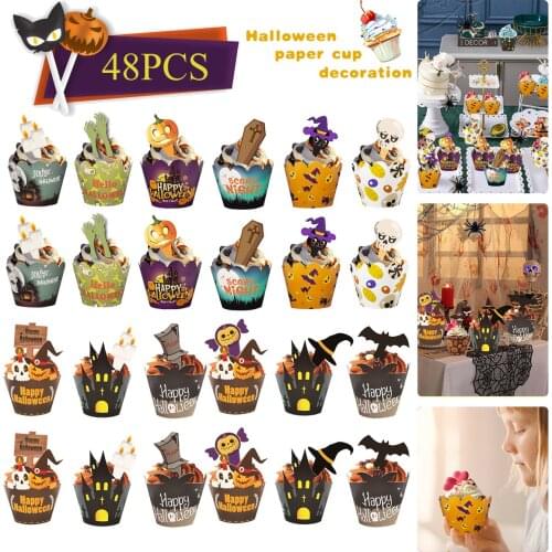 24Pcs Halloween Cupcakes Wrappers with 24Pcs Cupcake Card Insertion Pumpkin Bat Castle Candle Cake Tools Party Decorations