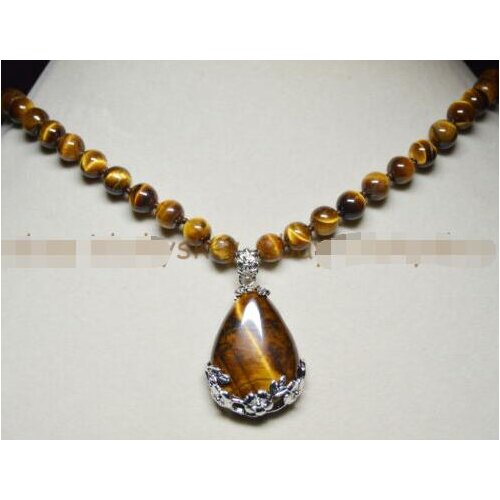 8MM GENUINE TIGERS EYE GEMS STONE ROUND BEADS NECKLACE DROP PENDANT 18" AA