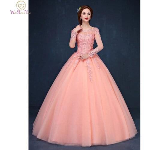 Ball Gown Quinceanera Dresses 2021 Pink Full Sleeves Long Floor Length Lace Applique Beaded Crystal 15 Sweet vestidos Party Gown