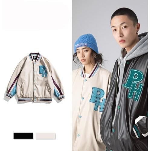 ERENEJIAN Unisex Oversized Varsity Baseball Jackets With Embroidery Faux Leather Hip Hop Letterman Outerwear PU Tops Loose Fit