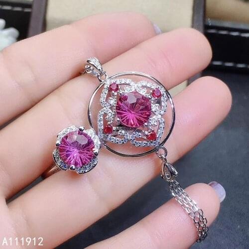 KJJEAXCMY fine jewelry natural pink topaz 925 sterling silver women pendant necklace chain ring set support test beautiful